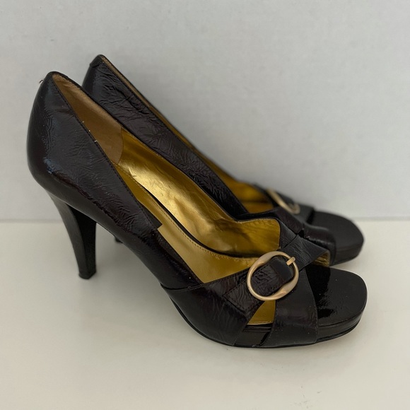 Bandolino Brown Leather High Heel Pumps, Open Toe, Size 7.5, EUC. - Picture 3 of 5